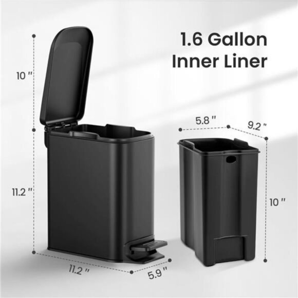 Small Black Bathroom Trash Can with Lid Step Pedal Soft Close Slim Garbage Bin - Picture 3 of 7